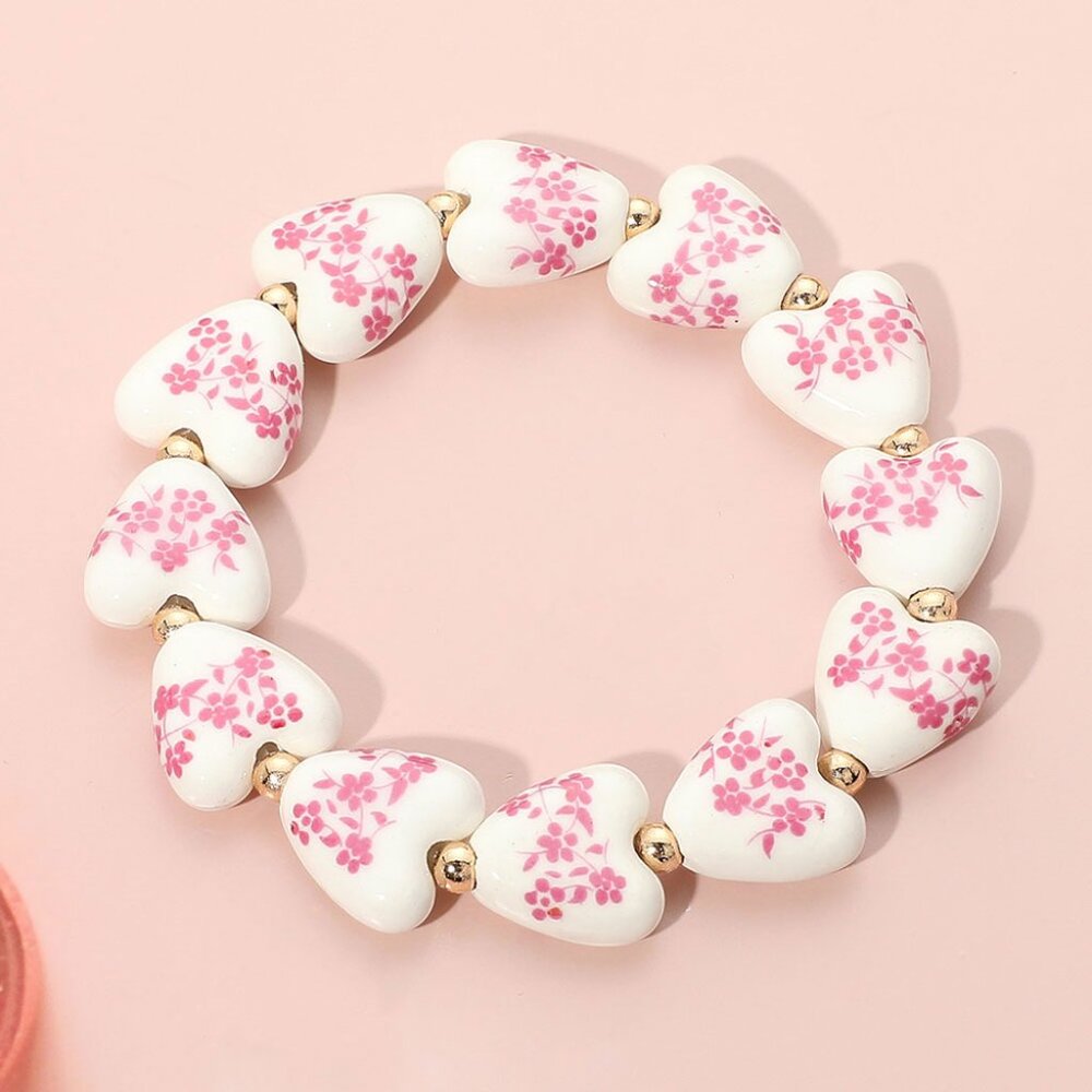Flower Ceramic Heart Beaded Stretch Bracelet PINK